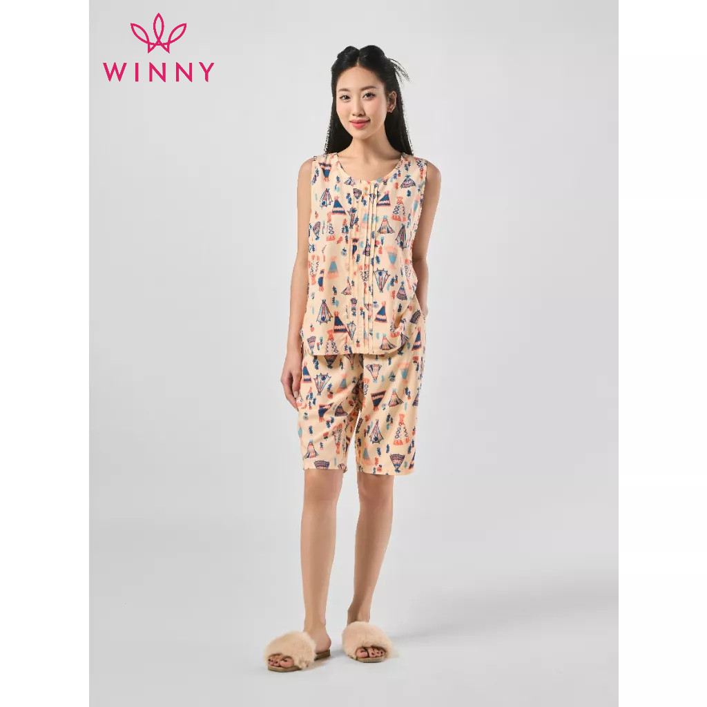 Ảnh Bộ mặc nhà nữ WINNY kiểu sát nách quần ngố chất lanh mát 2MNLA23022S 3