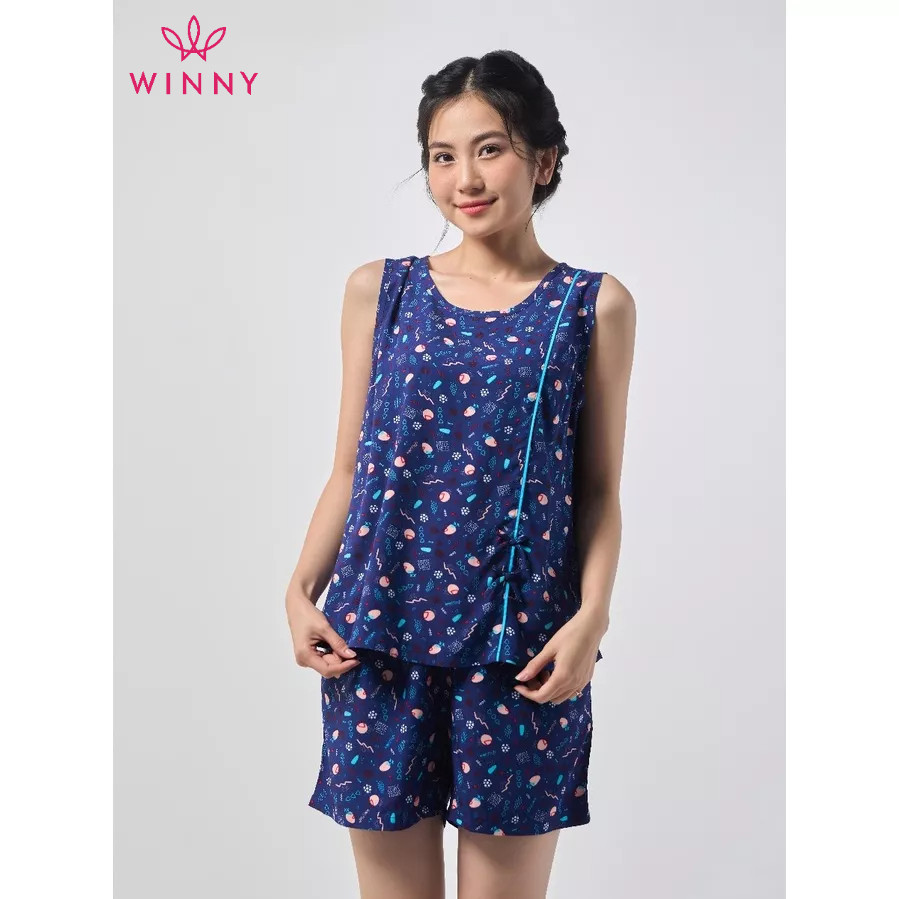 Ảnh Bộ mặc nhà nữ WINNY kiểu sát nách quần đùi chất lanh mềm mịn thấm hút nhanh khô 2MNLA23024B 4
