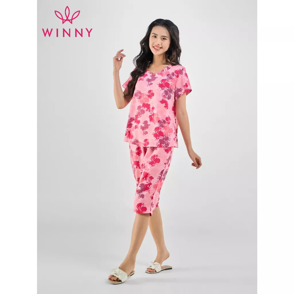 Ảnh Bộ mặc nhà nữ WINNY kiểu cộc tay quần ngố chất lanh mềm mát thấm hút 2MNLA23039N 4