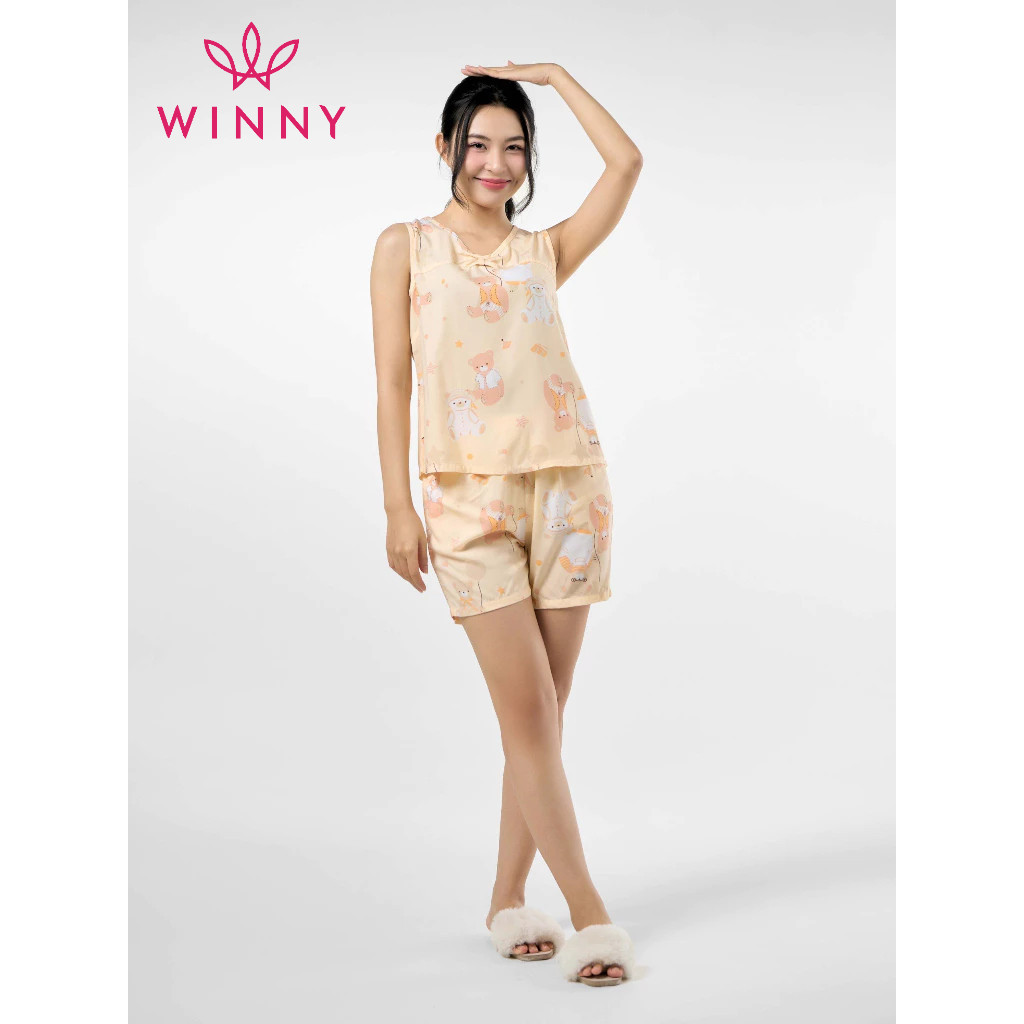 Ảnh Bộ mặc nhà nữ WINNY kiểu sát nách quần đùi chất lanh mềm mát 2MNLA23059B 4