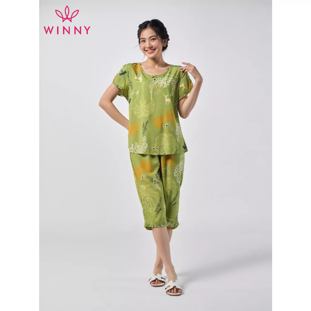 Ảnh Bộ mặc nhà nữ WINNY kiểu cộc tay quần ngố chất lanh mềm mát thấm hút nhanh khô 2MNLA23009N 4