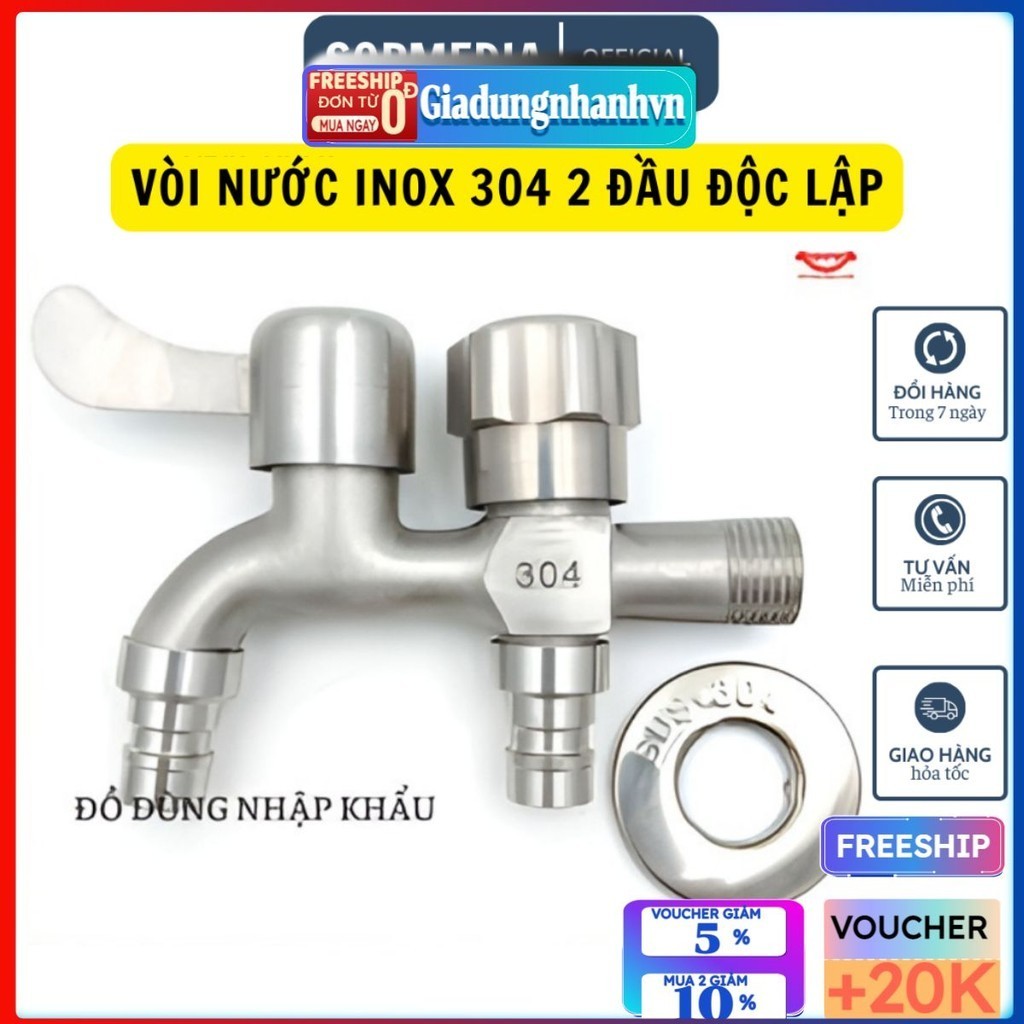 Vòi nước đôi 2 đầu ra inox 304 cao cấp SL02, đầu vào DN15 lắp cho ống ...