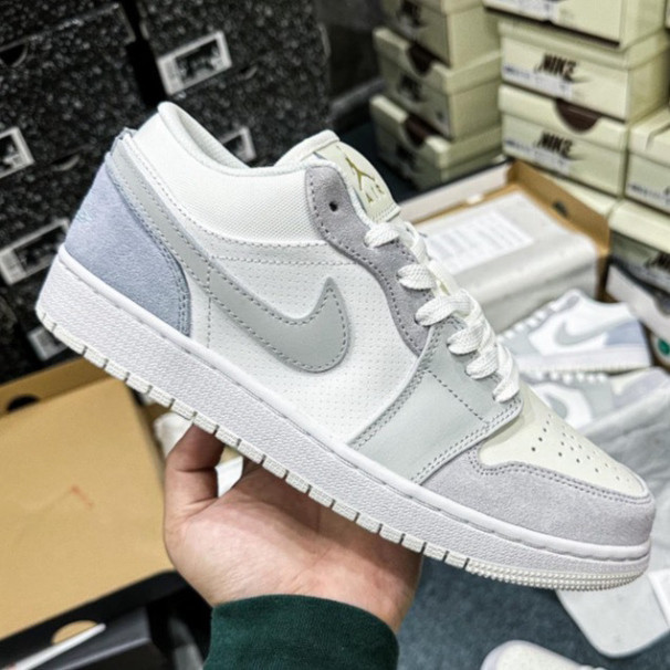 Giày jordan cổ thấp Paris, Giày Sneaker Jd1 Low Xám Gót Xanh Nam Nữ Mới
