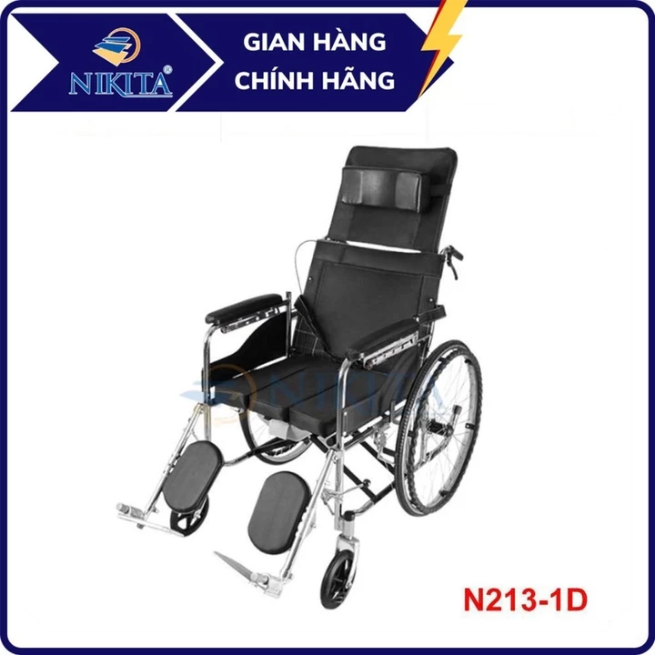 Xe lăn tay cho người già, Có thể ngã thành giường, có chổ để bô vệ sinh - Hàng chính hãng NIKITA