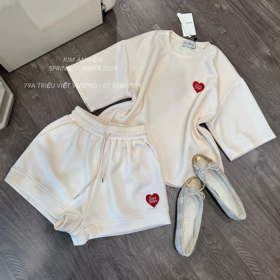 Set Bộ Đồ Nữ In Hình Trái Tim Tay Ngắn Mặc Hằng Ngày Chất Liệu Cotton 4 Chiều Thoáng Mát