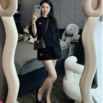 Set Bộ Đồ Nữ In Hình Trái Tim Tay Ngắn Mặc Hằng Ngày Chất Liệu Cotton 4 Chiều Thoáng Mát