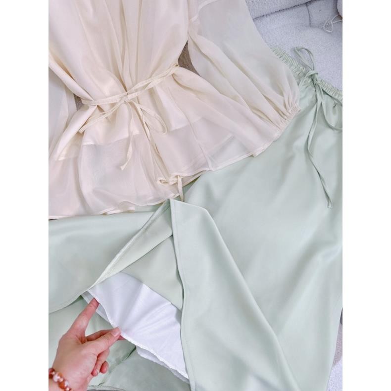 Set áo tơ ánh rớt vai xoè + chân váy lụa dài xanh đậu