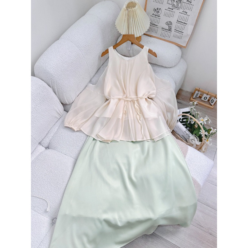 Set áo tơ ánh rớt vai xoè + chân váy lụa dài xanh đậu
