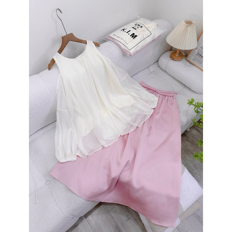 Set áo tơ ánh rớt vai xoè + chân váy lụa dài xanh đậu