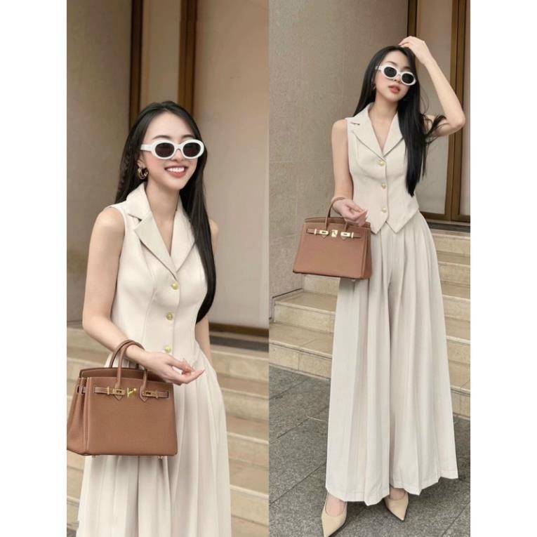 Set áo ghile gài nút to + quần suông xếp li xoè dài
