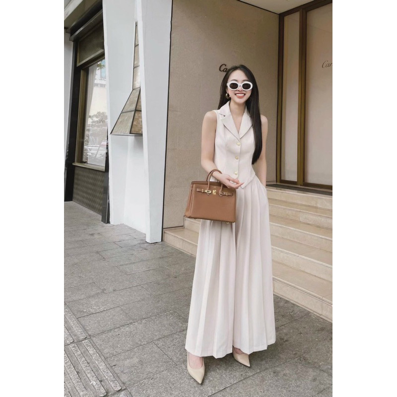 Set áo ghile gài nút to + quần suông xếp li xoè dài