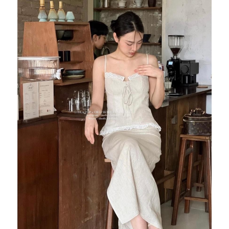SET ÁO LINEN 2 DÂY XẾP NGỰC PHỐI REN BÈO NGỰC + CHÂN VÁY KEM SUÔNG MIDI