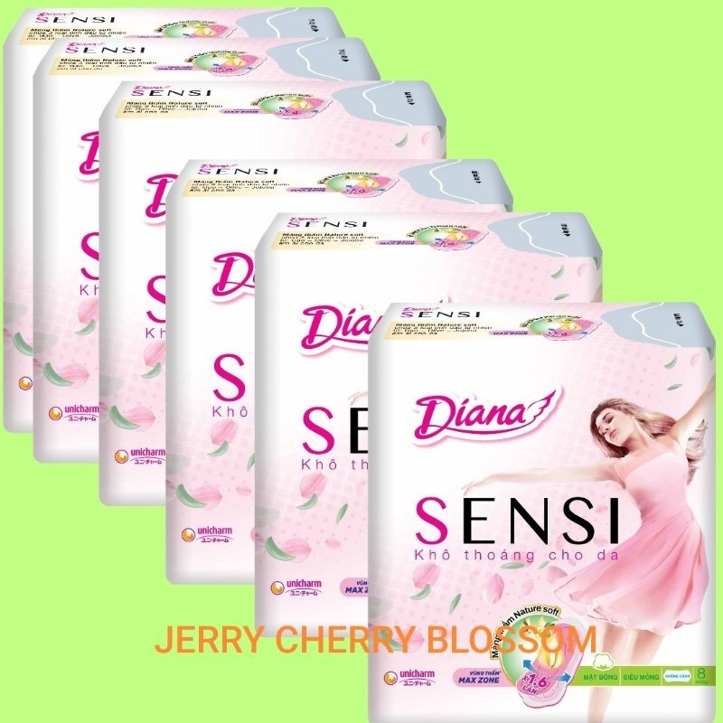 Bộ 6 gói băng vệ sinh Diana sensi mỏng cánh/ko cánh 8 miếng/gói