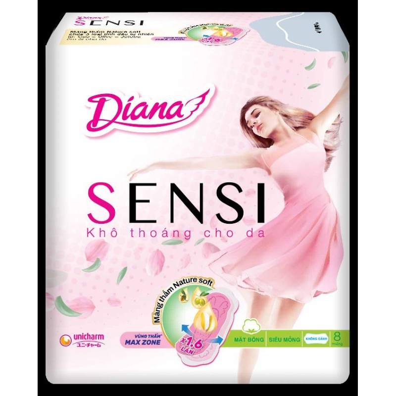 Bộ 6 gói băng vệ sinh Diana sensi mỏng cánh/ko cánh 8 miếng/gói