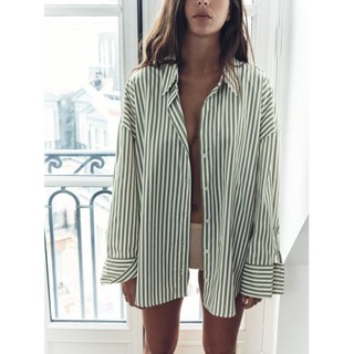 áo Zara made in Morocco đủ tag sơ mi Mùa xuân mùa hè sọc xanh nhỏ mặc gầy Luumooc