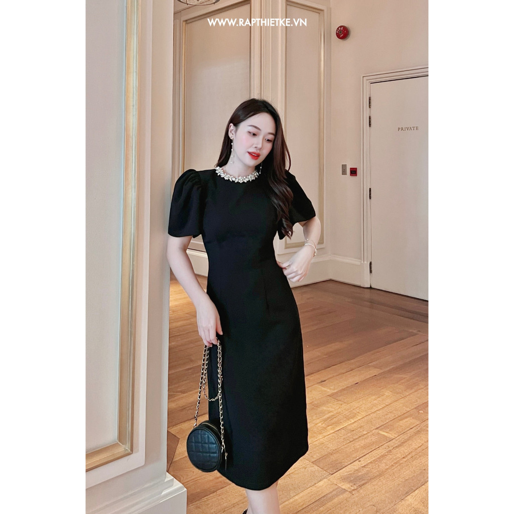 Ảnh RẬP - Đầm Đen Tay Phồng Cổ Tròn Đính Đá Trắng - TITI 06 ĐEN ĐÁ TRẮNG 4