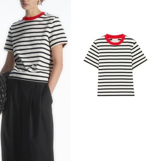 Áo Zara made in Morocco cotton thun kẻ ngang đen trắng cổ đỏ Luumooc