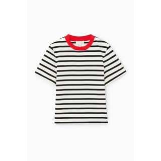 Áo Zara made in Morocco cotton thun kẻ ngang đen trắng cổ đỏ Luumooc
