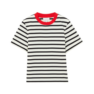 Áo Zara made in Morocco cotton thun kẻ ngang đen trắng cổ đỏ Luumooc
