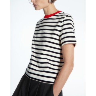 Áo Zara made in Morocco cotton thun kẻ ngang đen trắng cổ đỏ Luumooc
