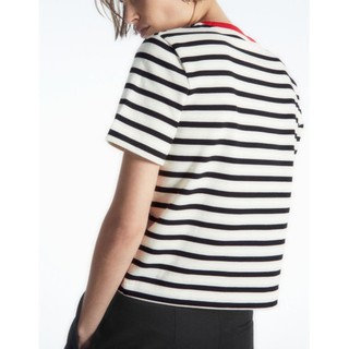 Áo Zara made in Morocco cotton thun kẻ ngang đen trắng cổ đỏ Luumooc