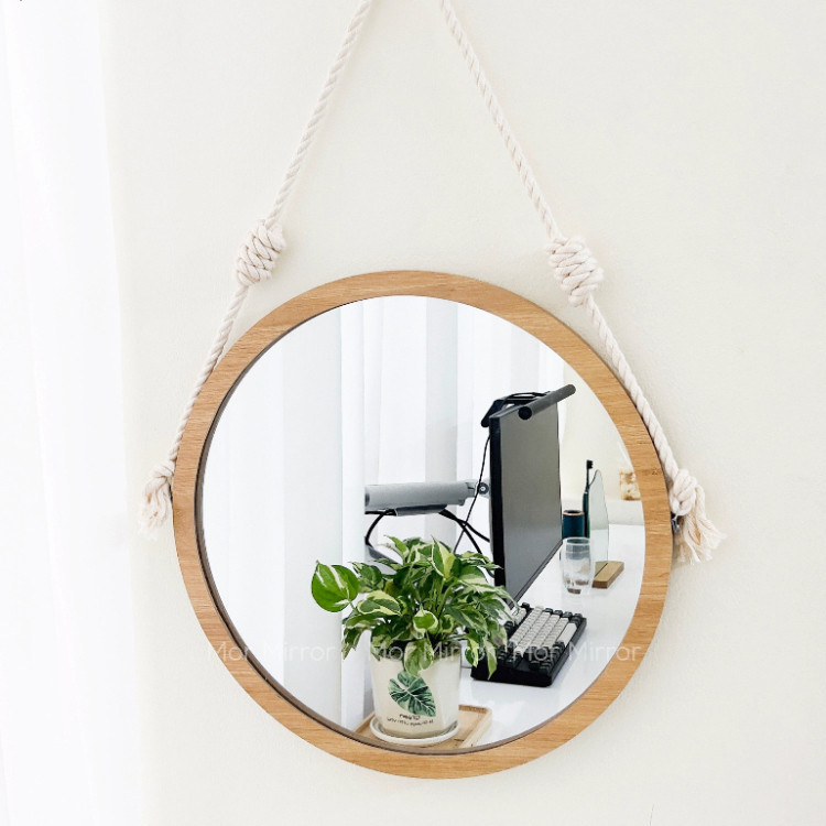 Gương gỗ tròn treo tường thời thượng TDECOR đủ kích tấc tặng dây và móc treo không khoan