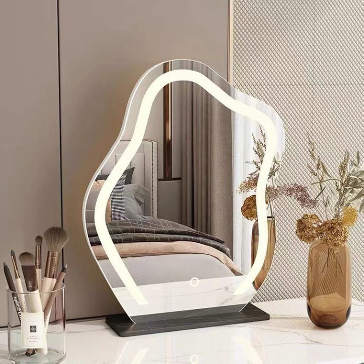 Gương decor hình hạt đậu để bàn make up Decor Smart phối viền phun cát Touch led thời thượng khuyến mãi kèm theo đế gỗ