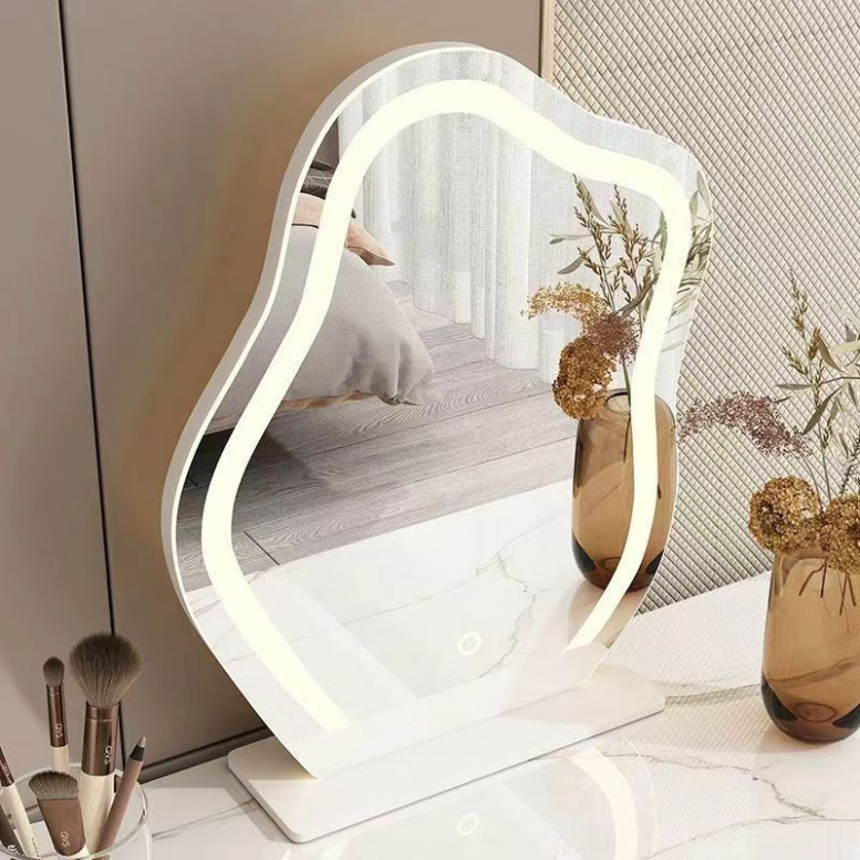 Gương decor hình hạt đậu để bàn make up Decor Smart phối viền phun cát Touch led thời thượng khuyến mãi kèm theo đế gỗ
