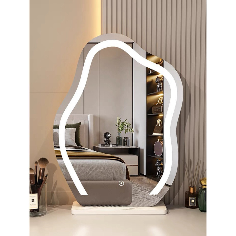 Gương decor hình hạt đậu để bàn make up Decor Smart phối viền phun cát Touch led thời thượng khuyến mãi kèm theo đế gỗ