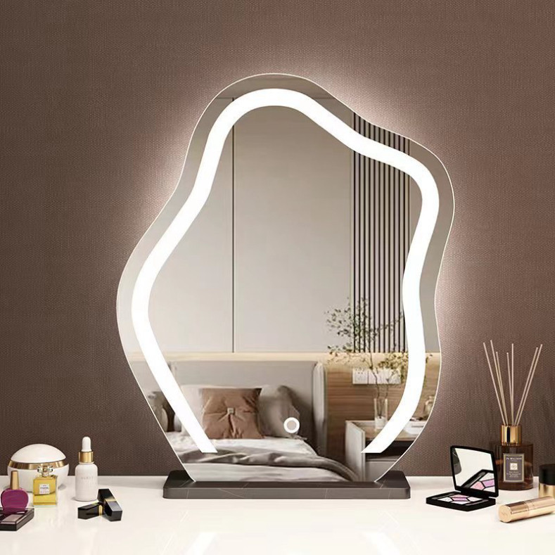 Gương decor hình hạt đậu để bàn make up Decor Smart phối viền phun cát Touch led thời thượng khuyến mãi kèm theo đế gỗ