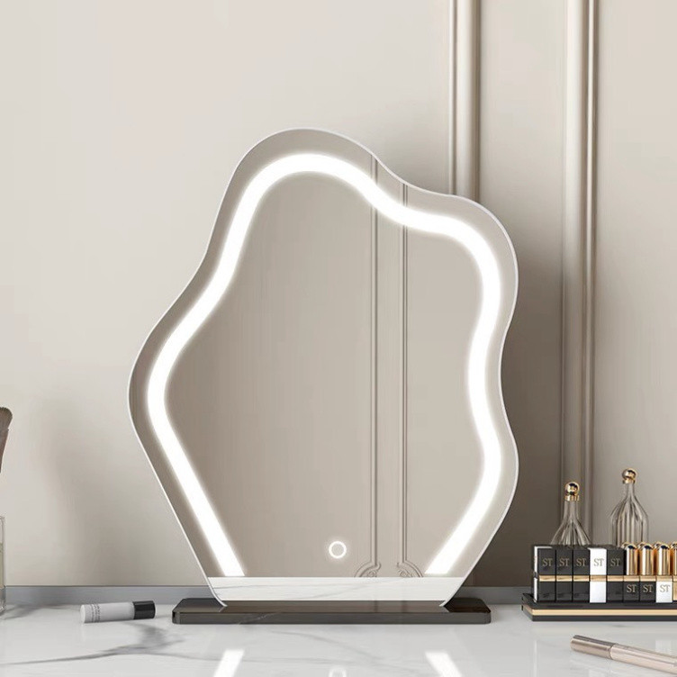 Gương decor hình hạt đậu để bàn make up Decor Smart phối viền phun cát Touch led thời thượng khuyến mãi kèm theo đế gỗ