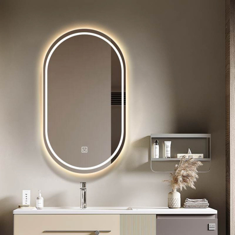 Gương oval treo tường decor phòng, phòng tắm Decor Smart thi công viền led Touch cao cấp