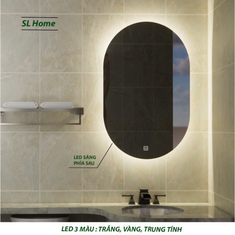 Gương oval treo tường decor phòng, phòng tắm Decor Smart thi công viền led Touch cao cấp