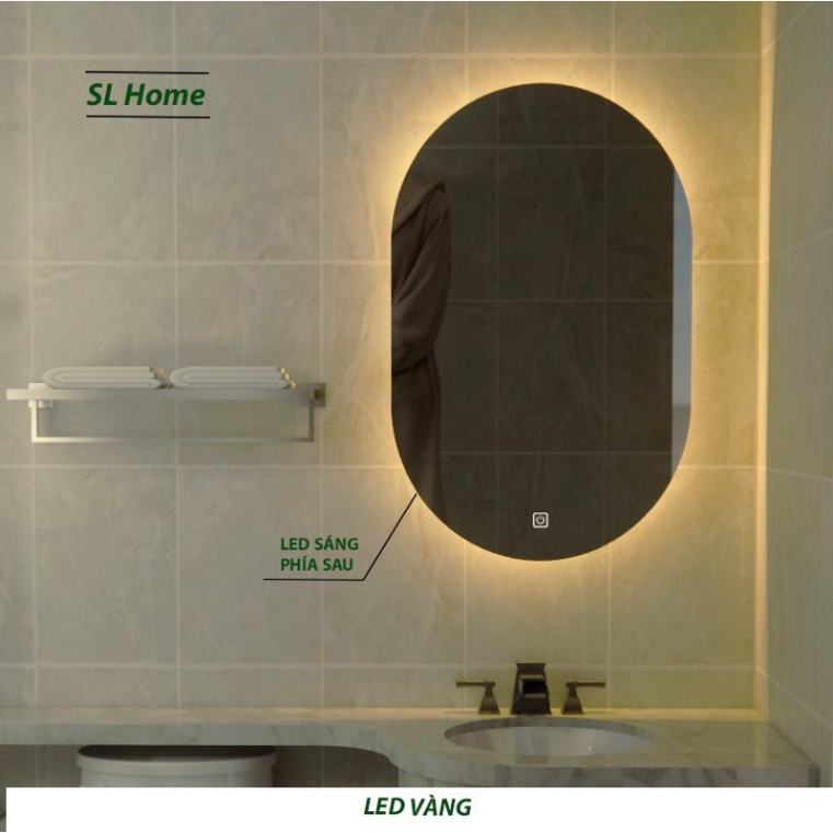 Gương oval treo tường decor phòng, phòng tắm Decor Smart thi công viền led Touch cao cấp