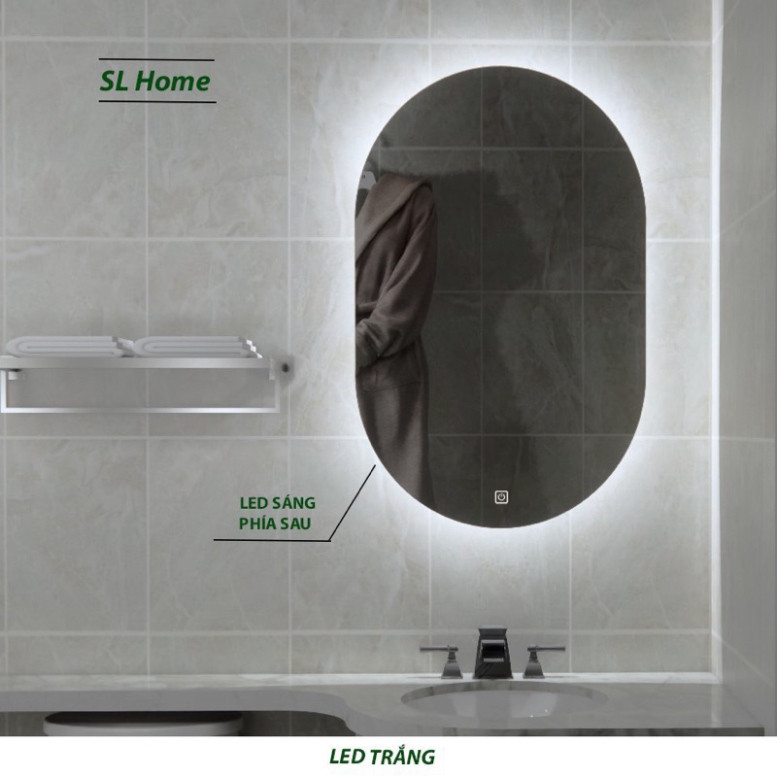 Gương oval treo tường decor phòng, phòng tắm Decor Smart thi công viền led Touch cao cấp