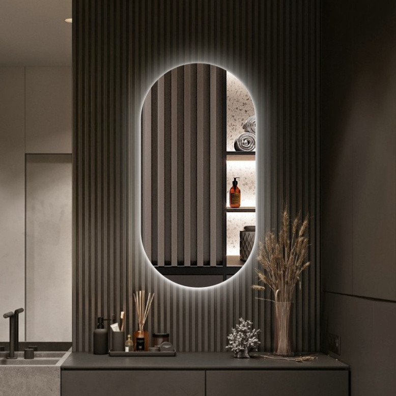 Gương oval treo tường decor phòng, phòng tắm Decor Smart thi công viền led Touch cao cấp