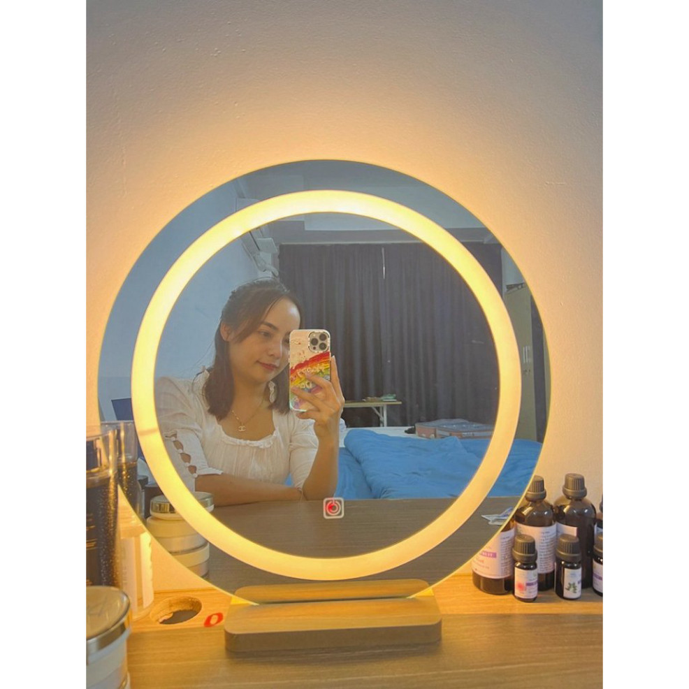 Gương tròn để bàn make up Decor Smart phối hợp cảm biến LED thời thượng khuyến mãi kèm theo đế gỗ