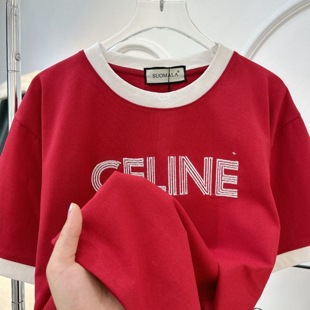 Áo Phông Nữ Đỏ Thêu CE-LI-LE Nổi Phối Viền Cổ Ngắn Tay Áo Thun Nữ Freesize -Aó Thun Nữ Thêu Chữ Ce-li-ne Form Baby Tee