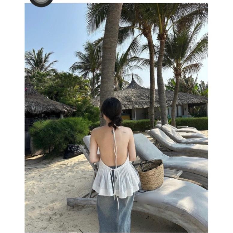Áo yếm linen xoè nơ sau xếp ngực
