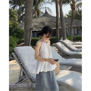 Áo yếm linen xoè nơ sau xếp ngực