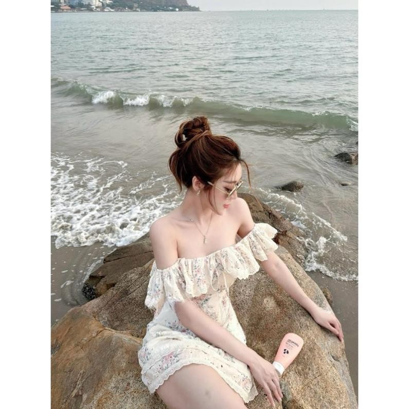 ĐẦM HOA TRỄ VAI RỚT KÈM BĂNG ĐÔ