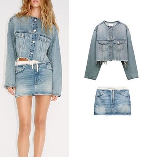 Áo Zara made in Morocco đủ tag khoác Denim croptop phong cách và chân váy cạp trắng Luumooc