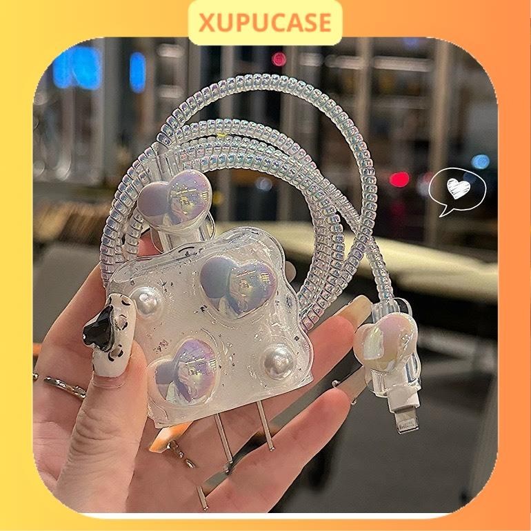 [Trái tim ngọc trai]  Bộ phụ kiện bảo vệ cáp và củ sạc PD18/20W bằng silicon hoạt hình chống đứt gãy XUPUCASE