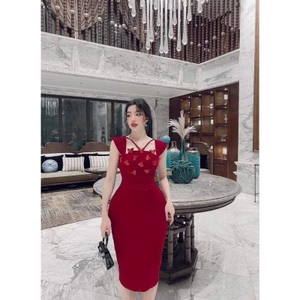 Váy body nhung đỏ đính hồ điệp – thiết kế Kim Thoa Design cao cấp | Kèm video thật mẫu