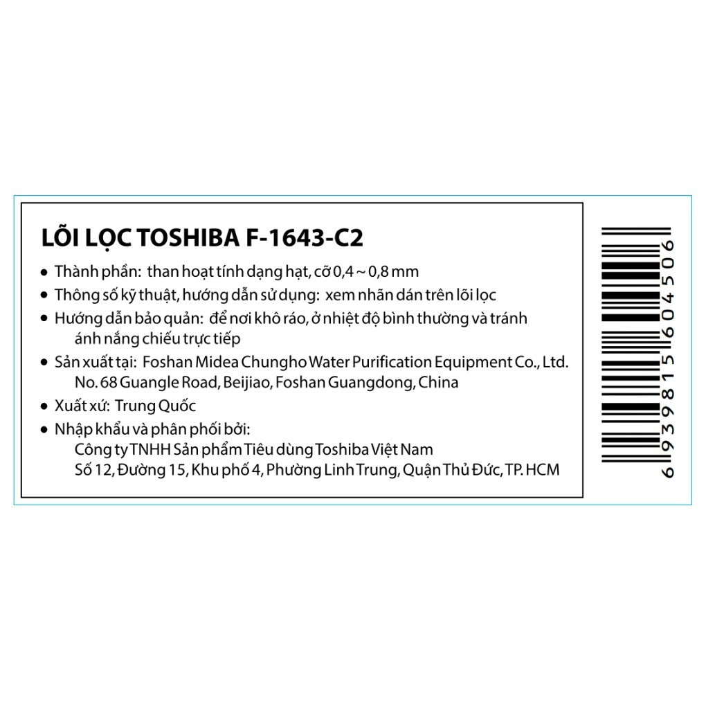 Lõi lọc nước Toshiba  F-1643 - PP - C1 - C2 - Dùng cho máy lọc nước nóng lạnh Toshiba TWP-W1643SV(W)