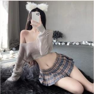 Váy ngủ chân váy sexy quyến rũ B02DN34 Set Áo Len Chân váy gợi cảm Đồ ngủ gợi cảm quyến rũ đồ thức - B02DN34