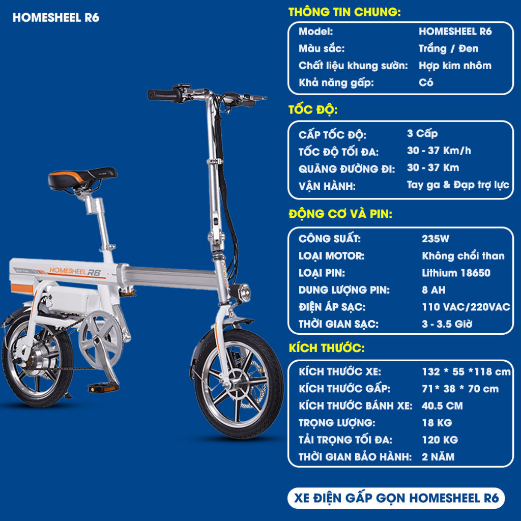 Xe đạp điện gấp gọn HOMESHEEL R6 màu trắng trắng chính hãng