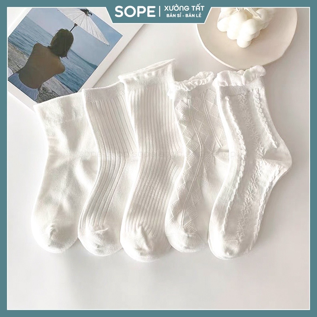 Tất vớ trắng nữ cổ cao chất liệu vải Hàn co giãn bốn chiều phong cách Vintage Hàn Quốc – Sope Shop