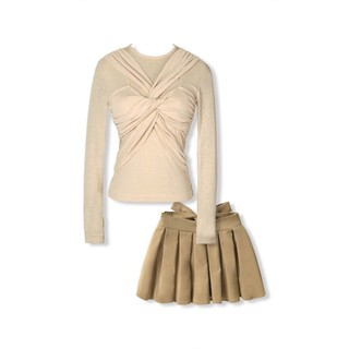 [Deal Độc Quyền] Set Nữ Áo Long Sleeves Short Pleat Skirt Áo Thun Giấy Quần Kaki Thoải Mái, WSB114 SOME HOW STORE