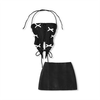 Set Áo Crop Nữ Bowtie String Short Skirt , Chất Vải Taffa Xước Thoải Mái , WSB088 SOME HOW STORE